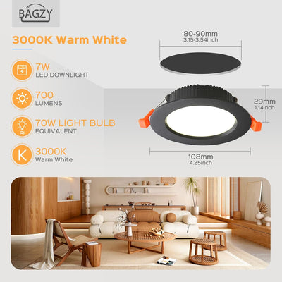 BAGZY LED Einbaustrahler Schwarz Spots Ultra flach 7W 230V IP44, 700 Lumen 2er Set Warmweiss 3000K A