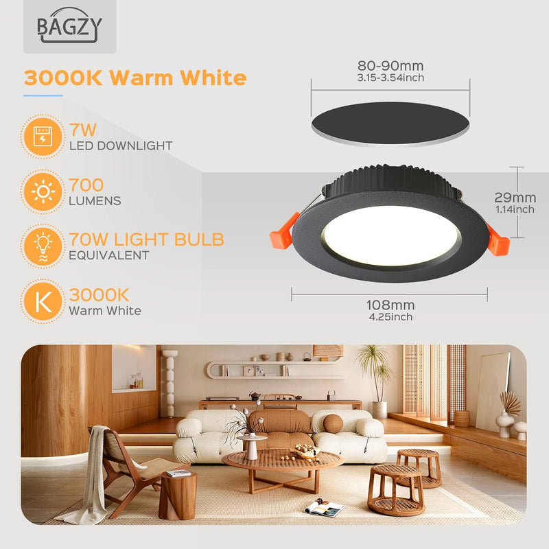 BAGZY LED Einbaustrahler 230V Schwarz Spots Flach 7W 230V IP44, 700 Lumen 10er Set Warmweiss 3000K A