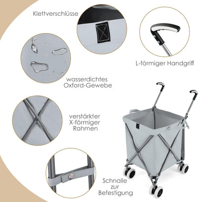 COSTWAY Faltbarer Einkaufstrolley mit Rädern, Kapazität 90 L/55 kg, Handwagen mit Abnehmbarer Oxford