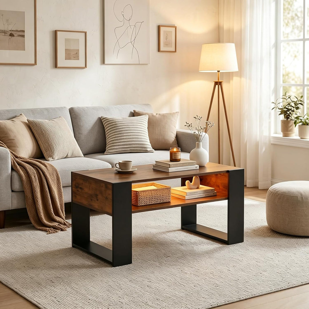 LED Couchtisch mit Stauraum, Wohnzimmertisch mit 2 Ebenen, moderner Sofatisch aus Holz, Beistelltisc