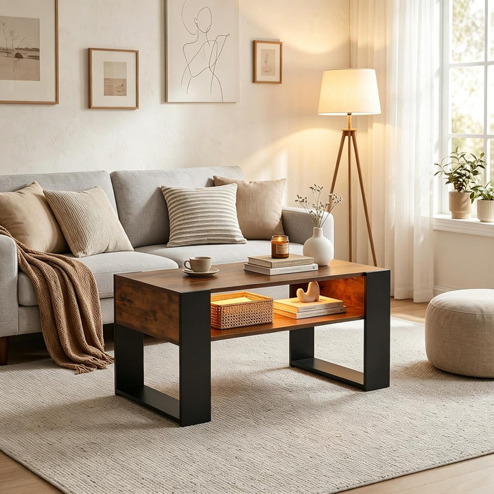 LED Couchtisch mit Stauraum, Wohnzimmertisch mit 2 Ebenen, moderner Sofatisch aus Holz, Beistelltisc