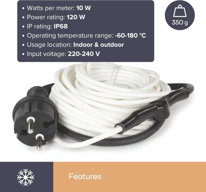 PEREL - 120-0T Frostschutzkabel mit Thermostat, 12 m Länge 138884