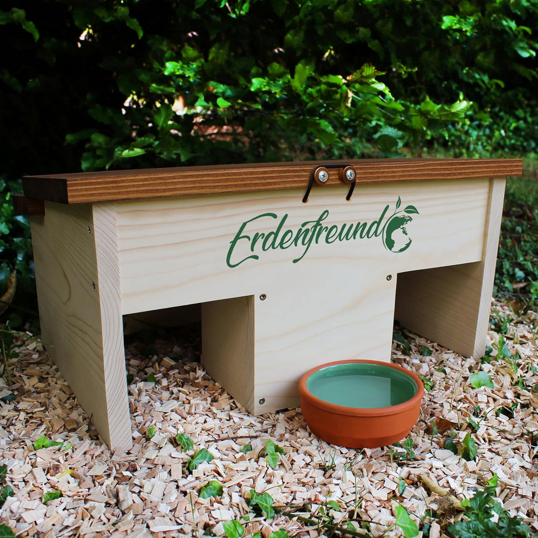 ERDENFREUND® Igelfutterhaus + 2er Set Wasser- & Futternapf Igelhaus kaufen artgerecht mit festem Dac
