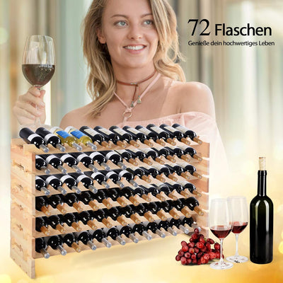 COSTWAY Weinregal Holz, Stapelbares Weinständer mit 6 Ebenen für 72 Flaschen, Flaschenregal Holzrega