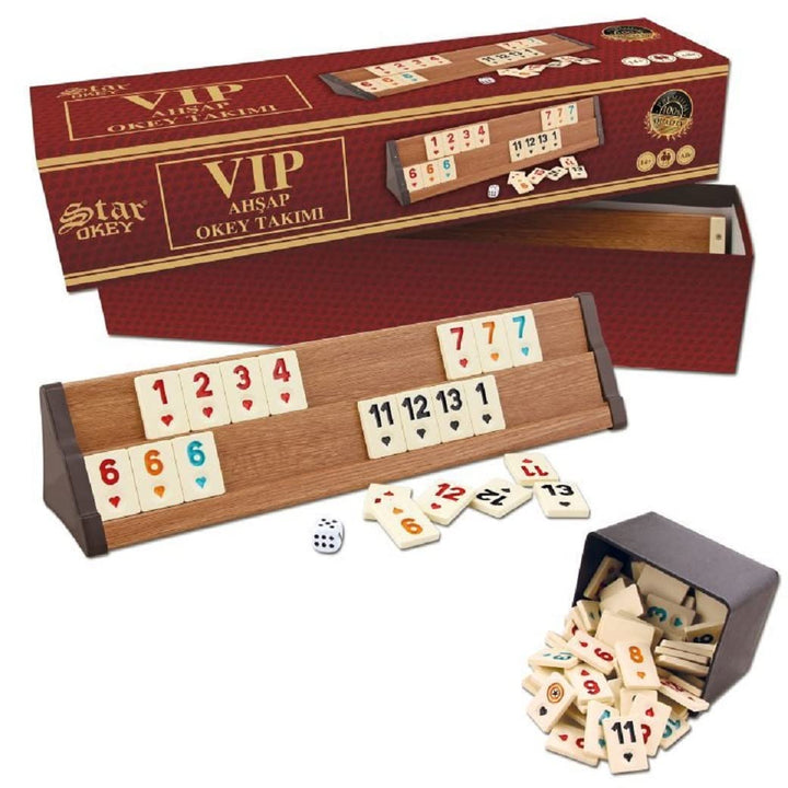 Rummy Okey Spiel Set Premium Set „VIP Wooden“ Edition mit Kunststoffsteinen Okay Takimi Türkisch aus