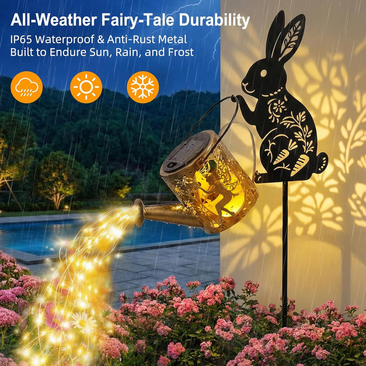 Solargiesskanne-Licht mit Hasen-Silhouette-Stecker & Feendesign – Kaskaden-LED-Lichterkette für Gart