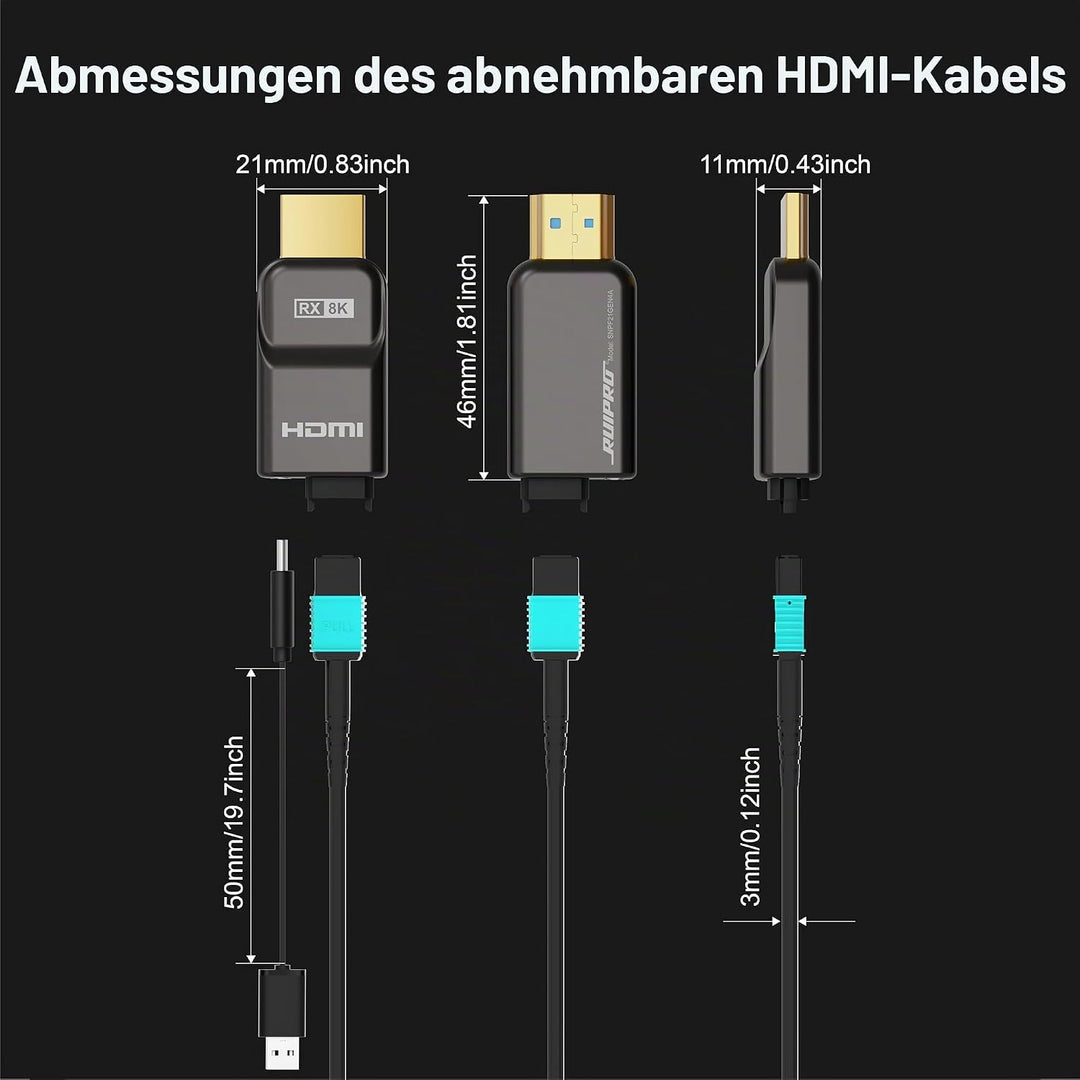 RUIPRO 8K HDMI 2.1 Kabel mit abnehmbarem Stecker aus reiner Glasfaser, 3 m, armiert, Ultra High Spee