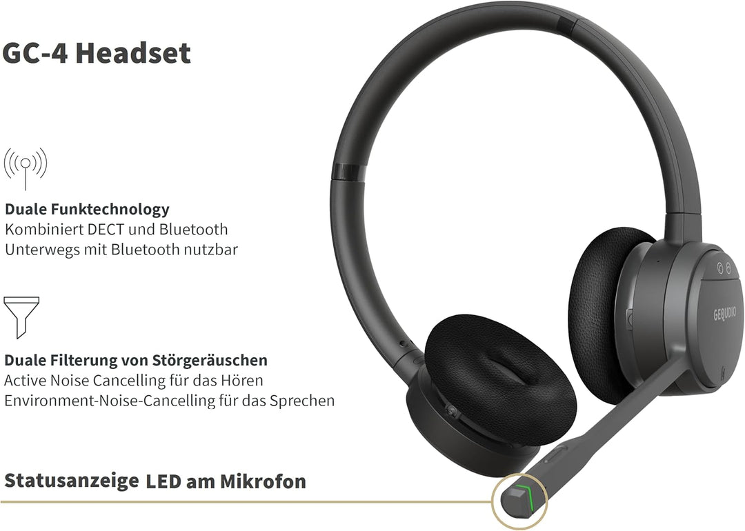 GEQUDIO GC-4+B DECT & Bluetooth Dual Headset aktiver Geräuschunterdrückung für PC (Windows) Mac (App
