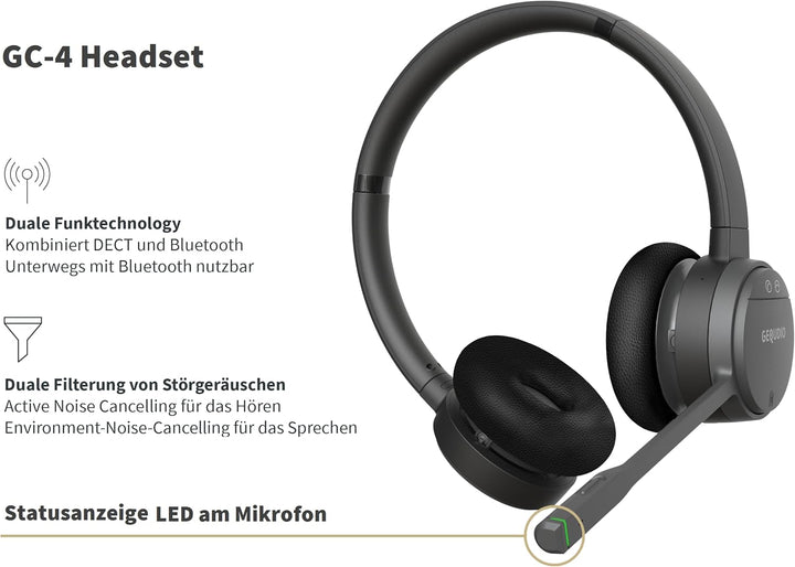 GEQUDIO GC-4+B DECT & Bluetooth Dual Headset aktiver Geräuschunterdrückung für PC (Windows) Mac (App