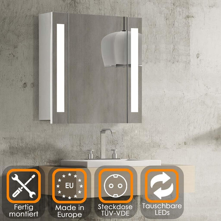 HAPA Design Bad Spiegelschrank mit Beleuchtung und Steckdose Venedig. Austauschbare LED Beleuchtung