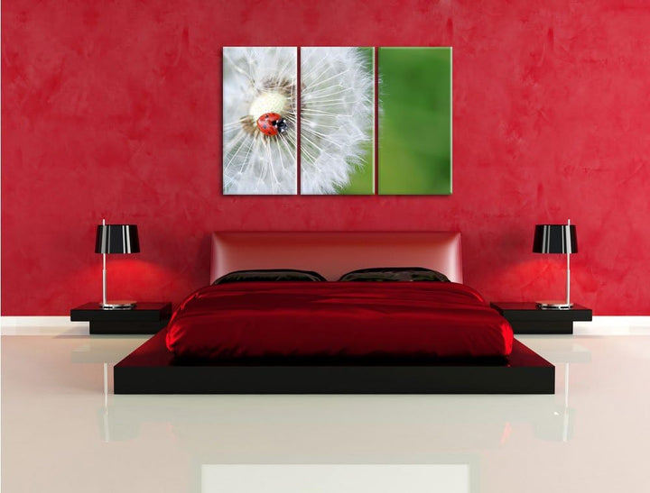 Pixxprint Marienkäfer auf einem Löwenzahn / 3-Teilig/Gesamtmass 120cm Leinwandbild bespannt auf Holz