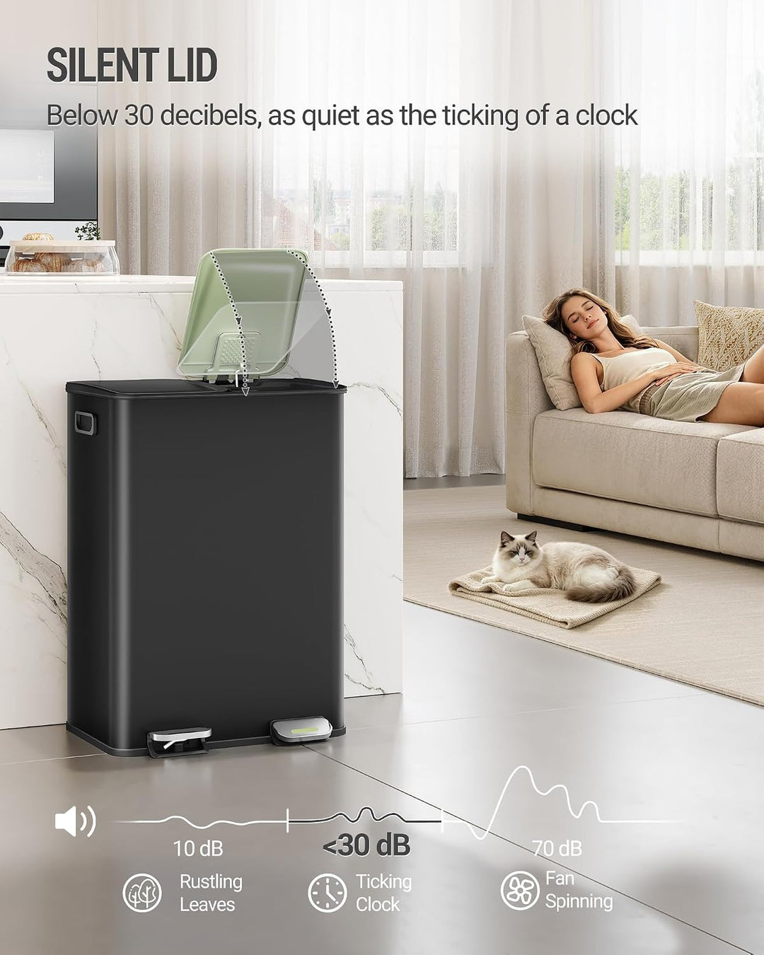 Hzuaneri Mülleimer Küche, 2 x 30 L, Mülltrennsystem 2 Fächer, Mülleimer mit Farbigem Soft-Close-Deck