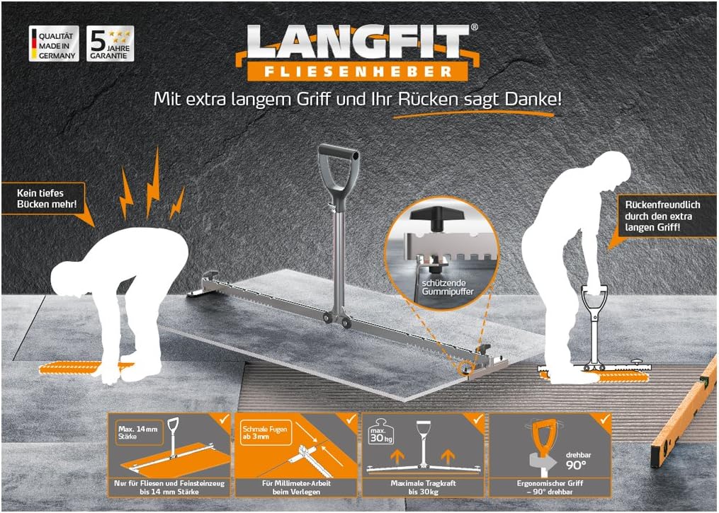 LANGFIT® Fliesenheber - Rückenfreundlich durch extra langen Griff - 50 bis 100cm - Für schmale Fugen