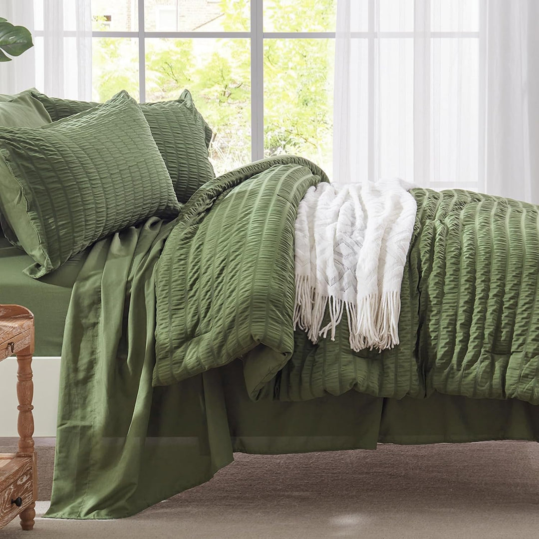 Zzlpp Queen-Bettwäsche-Set, 7-teilig, olivgrün, Seersucker-Bett in Einer Tasche mit Bettdecke und Be