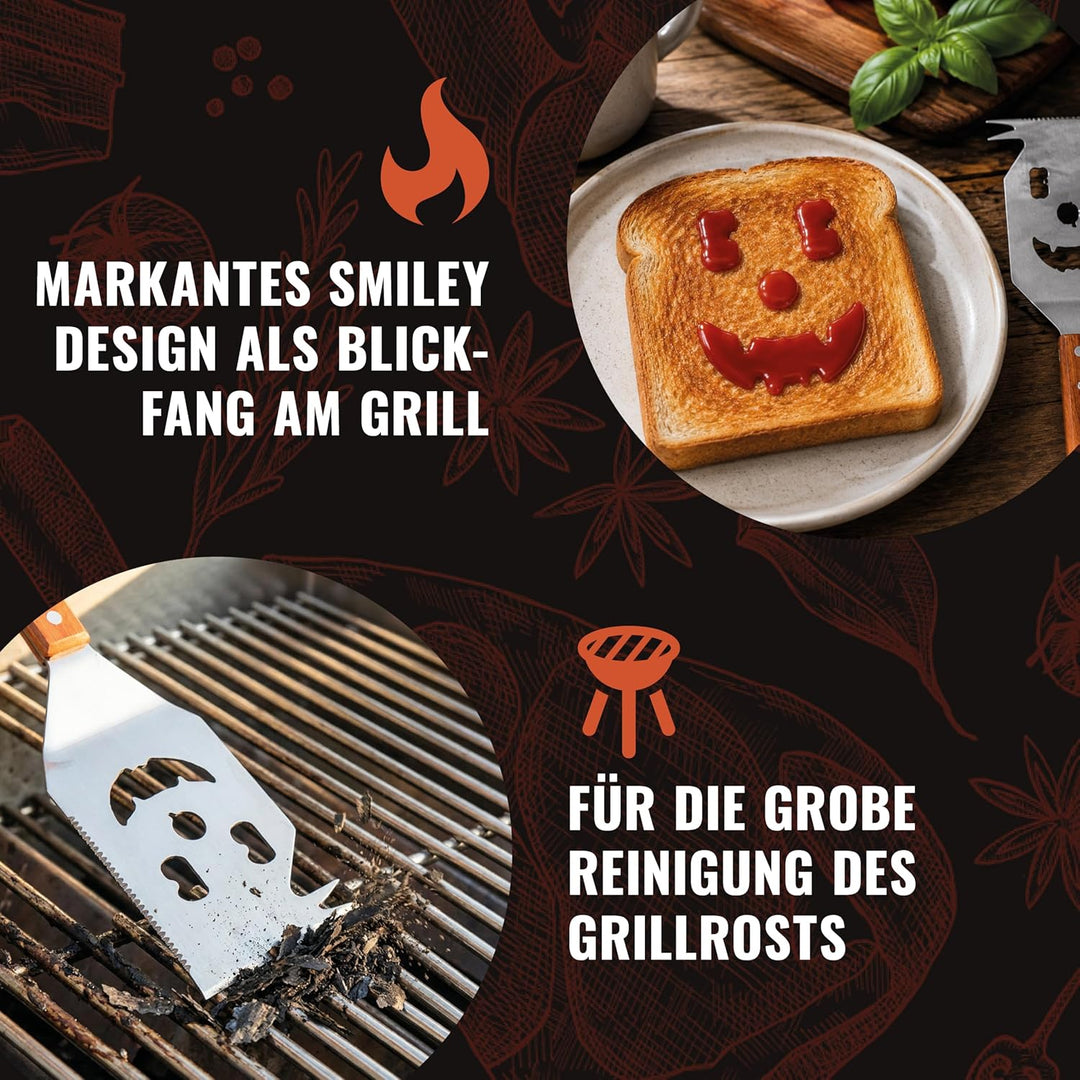THO BBQ 7-in-1 Grillspachtel Edelstahl mit Holzgriff – Grillwender mit Flaschenöffner, Schaberkante