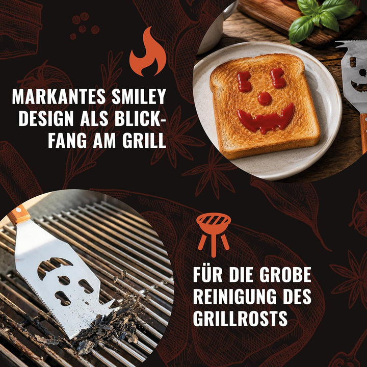 THO BBQ 7-in-1 Grillspachtel Edelstahl mit Holzgriff – Grillwender mit Flaschenöffner, Schaberkante