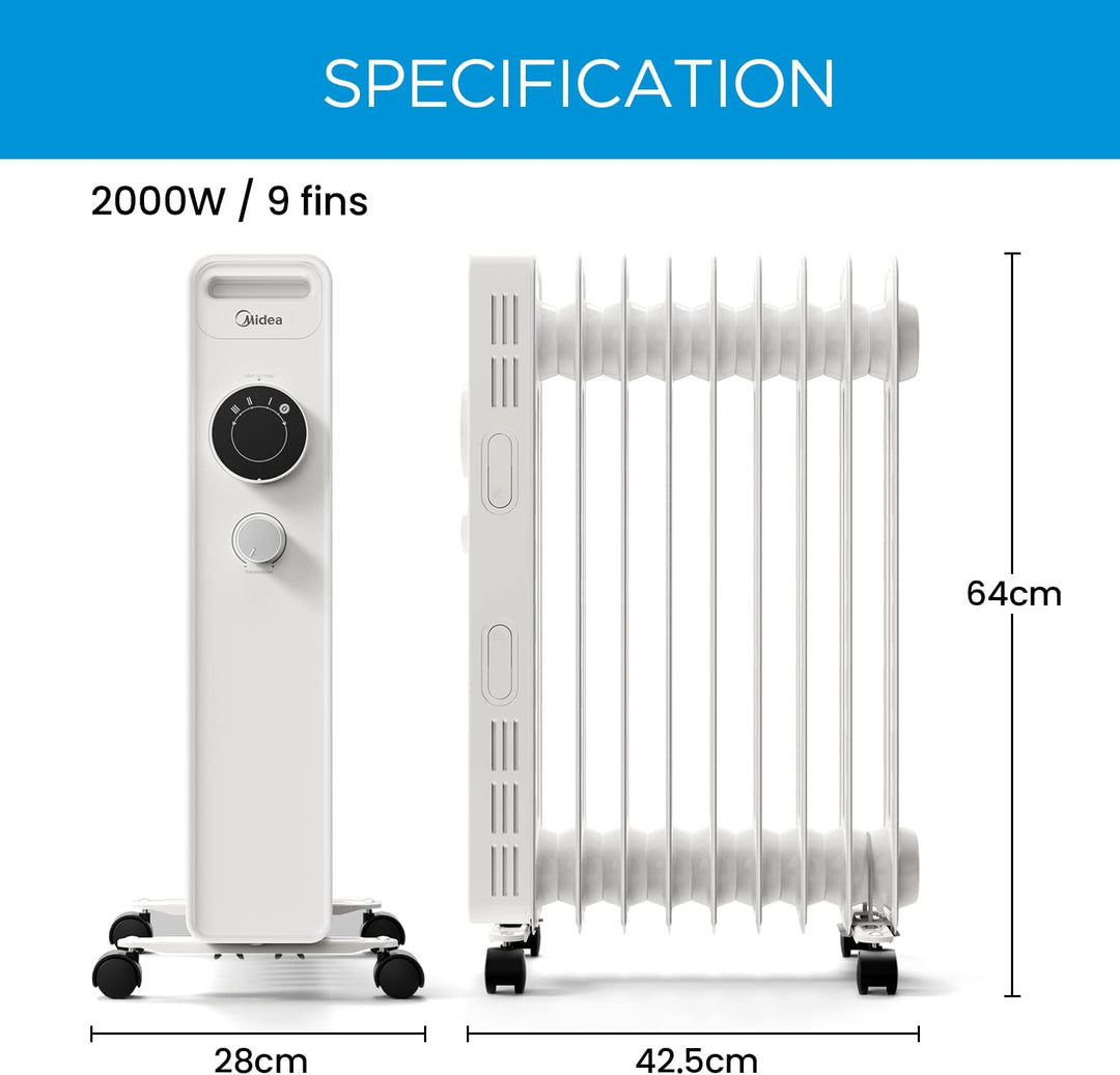 Midea Ölradiator 2000W, Heizlüfter Energiesparend Leise, Heizkörper mit 9 Rippen, Einstellbarem Ther