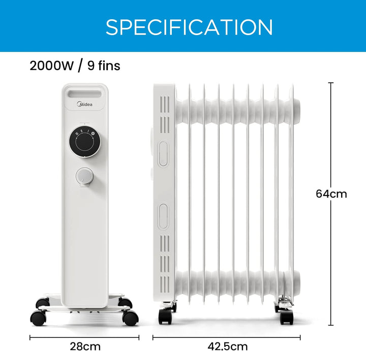 Midea Ölradiator 2000W, Heizlüfter Energiesparend Leise, Heizkörper mit 9 Rippen, Einstellbarem Ther