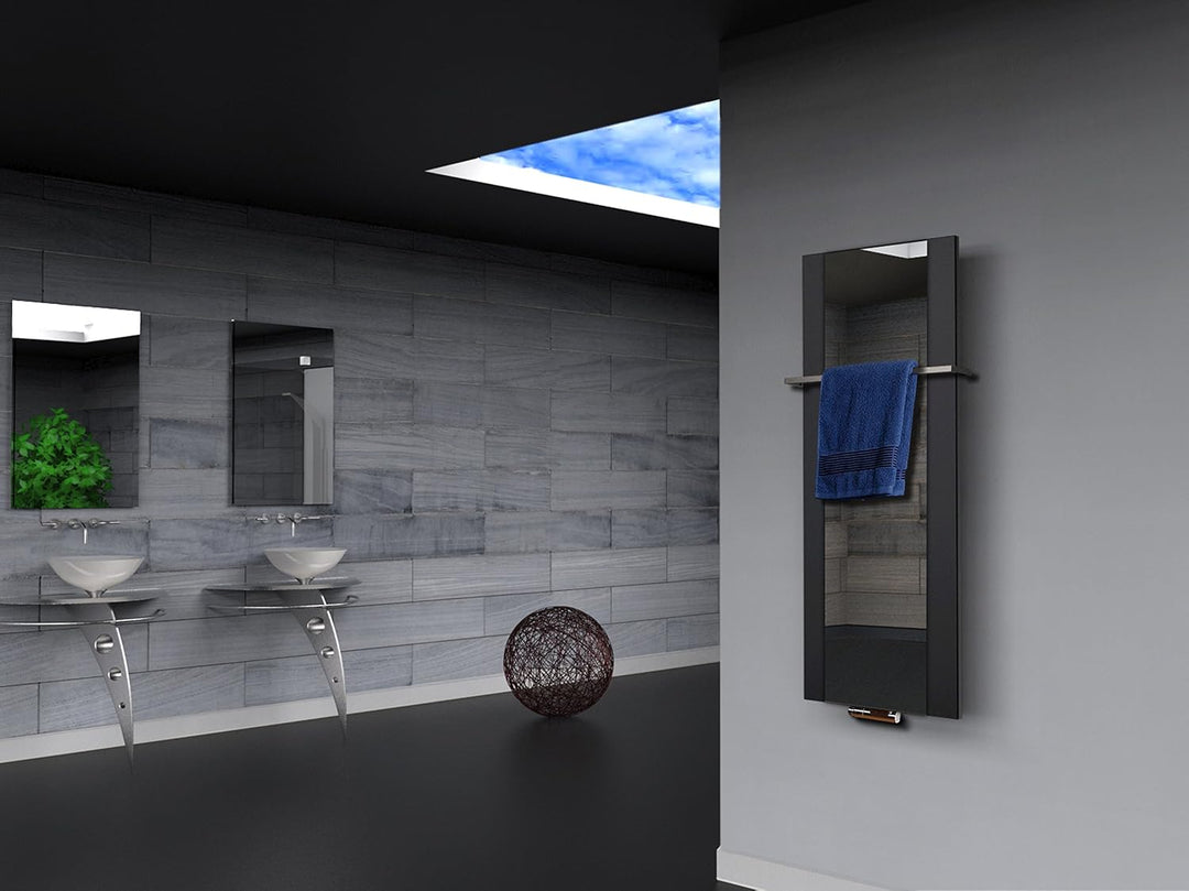 BADHEIZKÖRPER mit Spiegel Design Singapur 2 120x47cm 799 Watt schwarz (+1 Halter 15mm) SZAGATO Handt