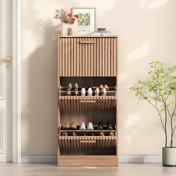 Schuhschrank mit 3 Klappen, Rattan Schuhschrank mit 6 Ablageflächen, Holz Schuhkommode, Freistehende