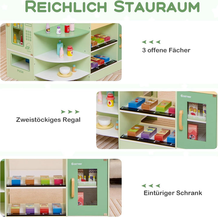 COSTWAY Kinder Kaufladen, Kaufmannsladen aus Holz mit Seitentheke, Supermarkt-Set mit Kasse, POS-Mas