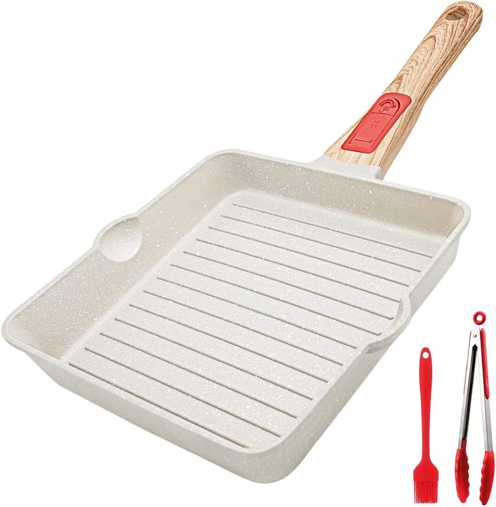 Bobikuke Grillpfanne 20x 20 cm, Steakpfanne Antihaft Beschichtet Aluminium Grill Pfanne mit zwei Aus