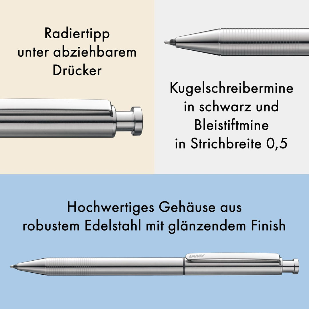 LAMY st twin pen Multifunktionsschreibgerät 645 – Schreiber aus Edelstahl mit integrierter Clip-Drüc