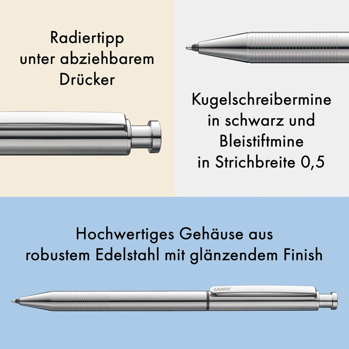 LAMY st twin pen Multifunktionsschreibgerät 645 – Schreiber aus Edelstahl mit integrierter Clip-Drüc