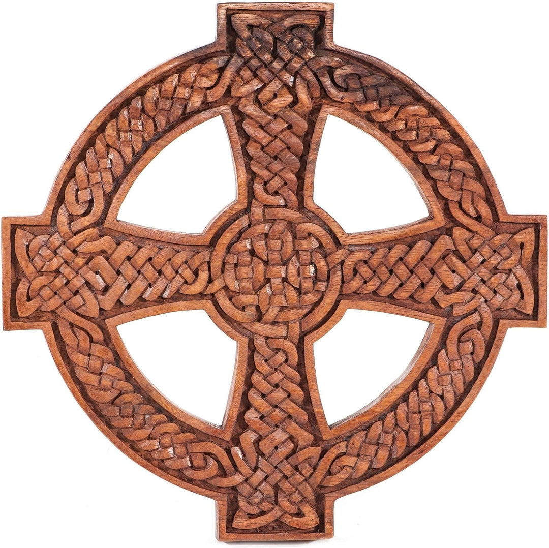 Windalf Wand Deko Taran Ø 29 cm KELTENKREUZ mit Zopfmuster Celtic Art Handarbeit aus Holz