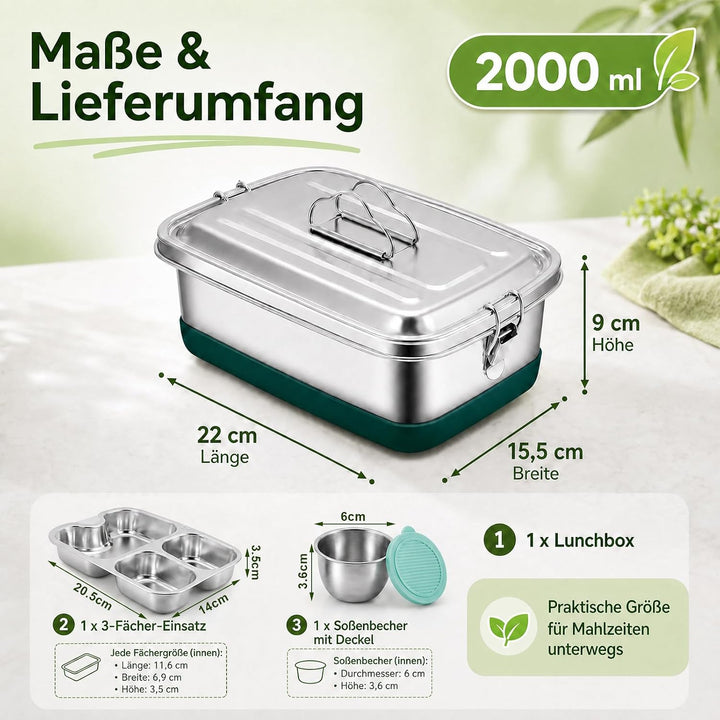 2000ml Premium Edelstahl Brotdose, Lunchbox Auslaufsicher Saucenbehälter