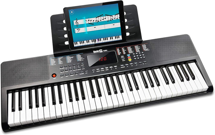 RockJam Compact 61 Key Keyboard with Sheet Music Stand, Power Supply, Piano Note Stickers & Simply P