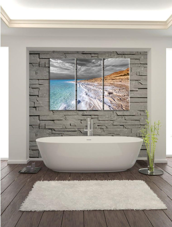 Pixxprint Das Tote Meer bei Tag Schwarz/Weiss 3-Teiler Leinwandbild 120x80 Bild auf Leinwand