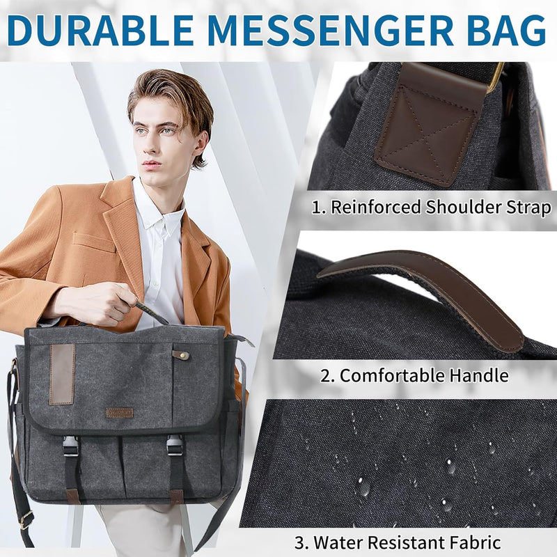 VX VONXURY Messenger Bag für Männer, Canvas Schultertasche 15.6 Zoll Laptop Crossbody Bag für Arbeit