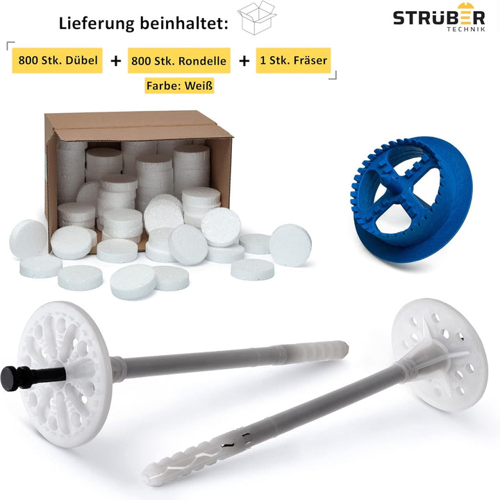 WDVS SET (Ø10x70mm Dämmstoffdübel mit Kunststoffnagel 800St + Weiss Styropor Rondelle 800St + Styrop