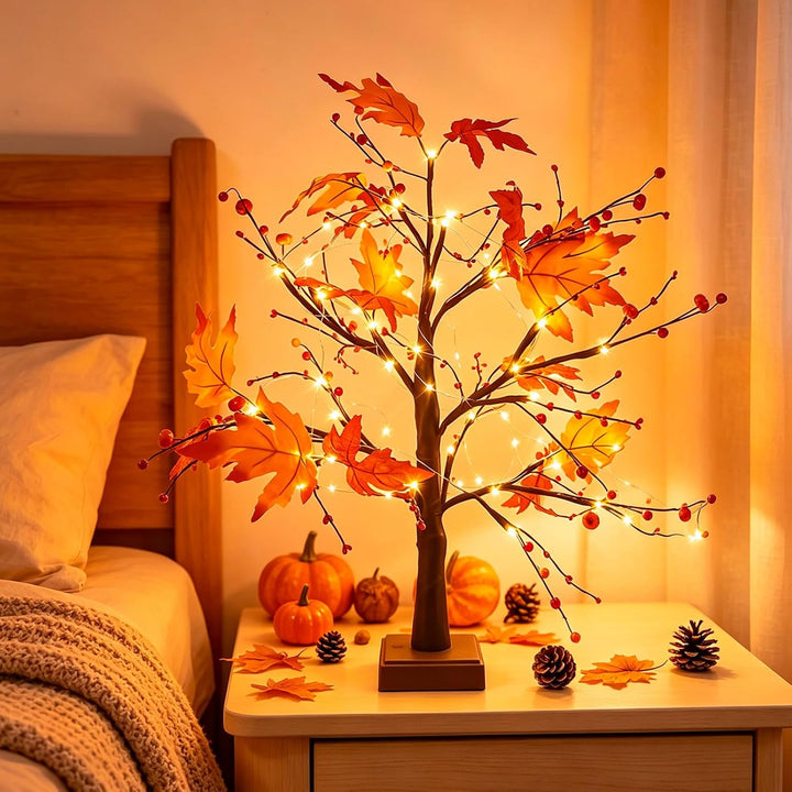 Herbstdeko Ahornblatt Baum Lichter, 61cm Herbst Dekoration Lichterbaum Für Innen mit Timer, Herbst D