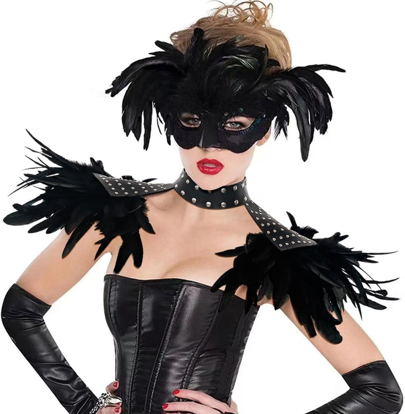keland Gothic Leder Feder Epauletten Schulterklappen Schulterschmuck Umhang Schultertuch mit Halsrei