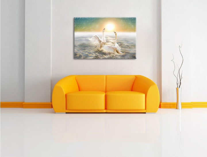 Pixxprint Schwäne im Meer als Leinwandbild/Grösse: 100x70 cm/Wandbild/Kunstdruck/fertig bespannt, 10