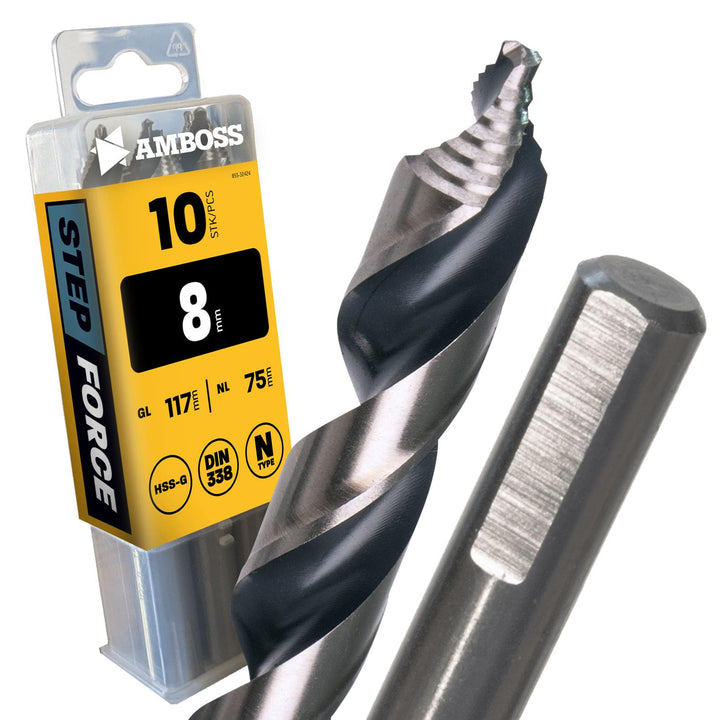10x Spiralbohrer Step Force Ø8.0 mm - HSS-G DIN 338 für Stahl, Baustahl, Alu, Buntmetalle AMBOSS WER
