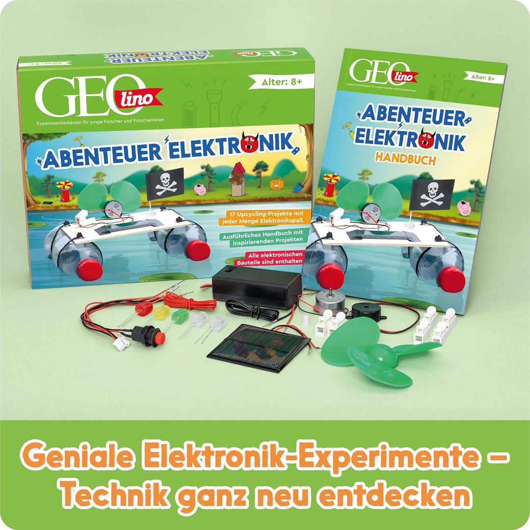 FRANZIS 67073 - GEOlino Experimentierkasten Abenteuer Elektronik, Set mit Solarmodul, LEDs, Solarmot