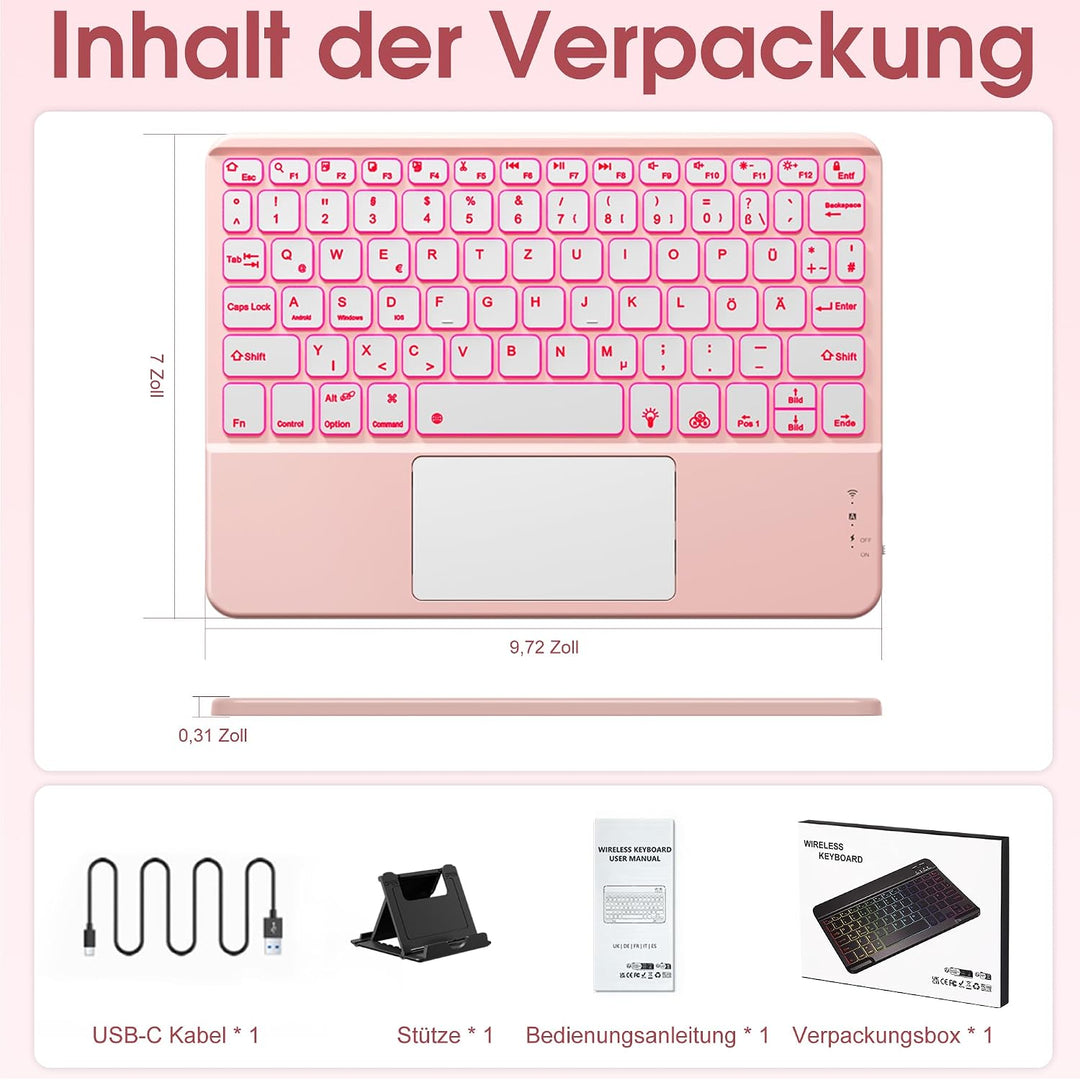 Vobafe Bluetooth Tastatur mit Touchpad, 7-farbiges Backlight iPad Tastatur | Traleicht Kabellose QWE