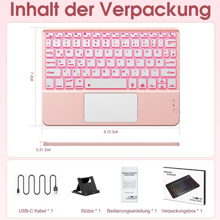 Vobafe Bluetooth Tastatur mit Touchpad, 7-farbiges Backlight iPad Tastatur | Traleicht Kabellose QWE