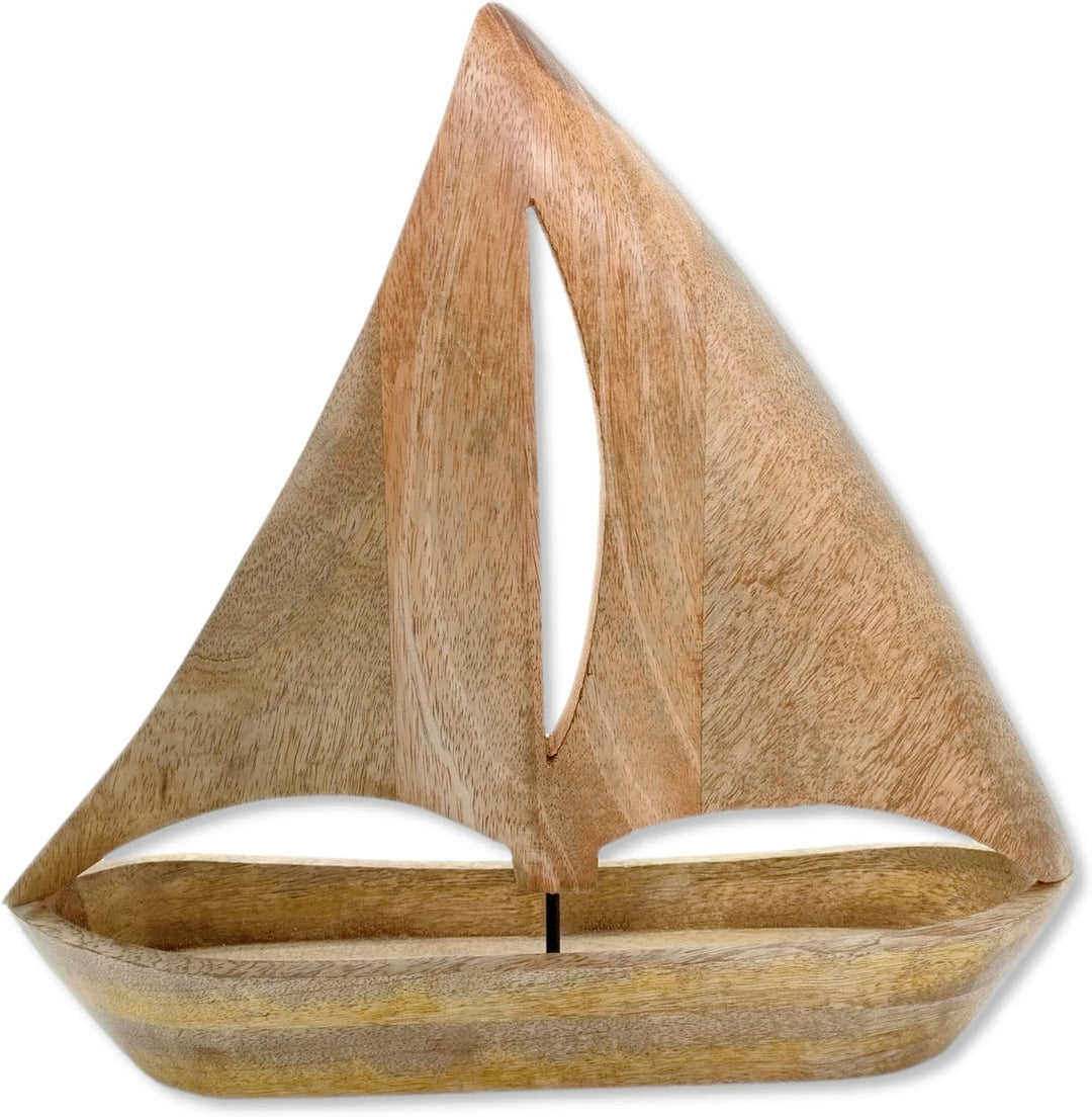 Holz Skulptur Segel-Boot 34 x 35cm braun Dekofigur Tisch-Deko Holzboot Schiff Figur