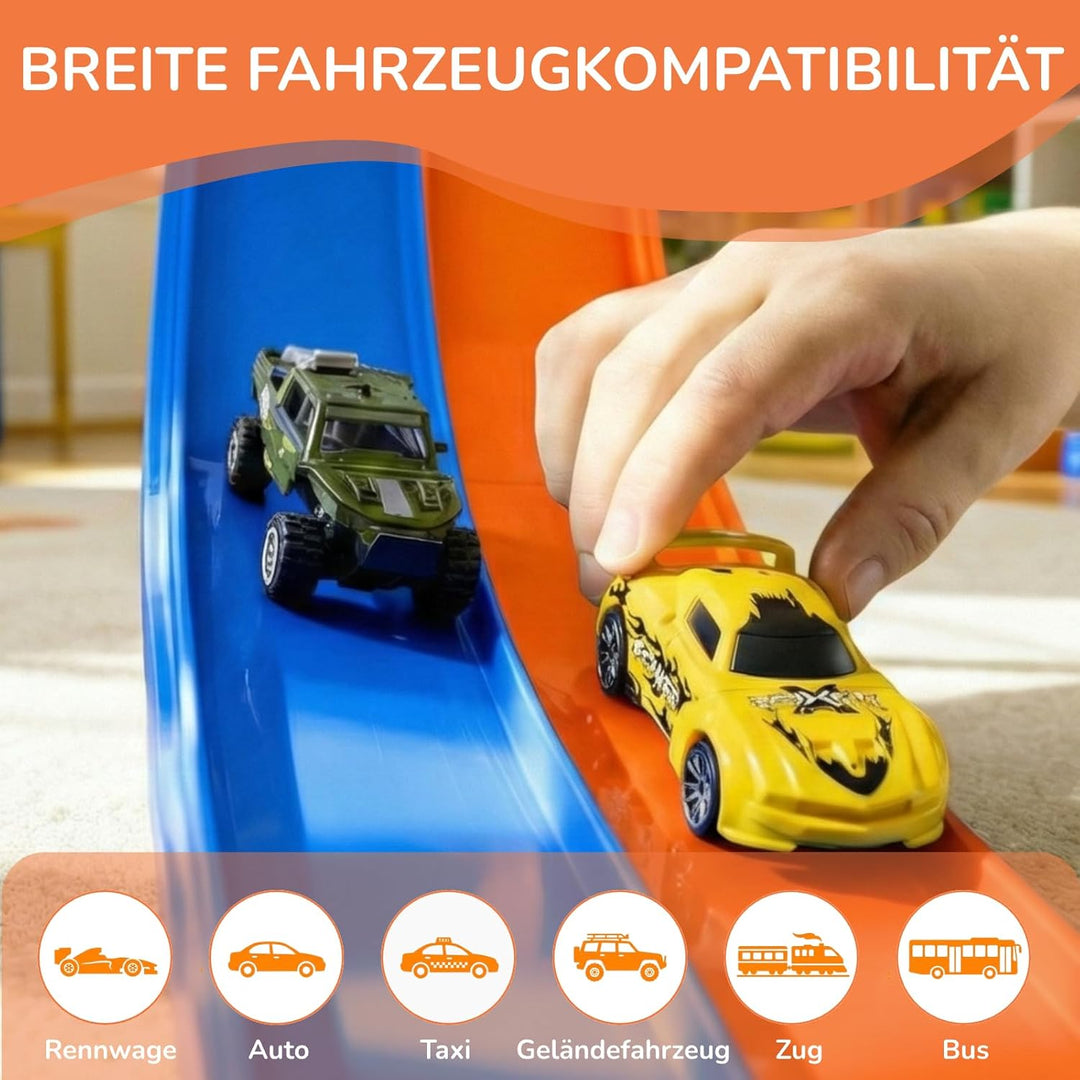 5M Flexible Autorennbahn Set mit 2 Loopings, 2-in-1 Rennbahn mit Autos & Tragtasche, Schwerkraft & P