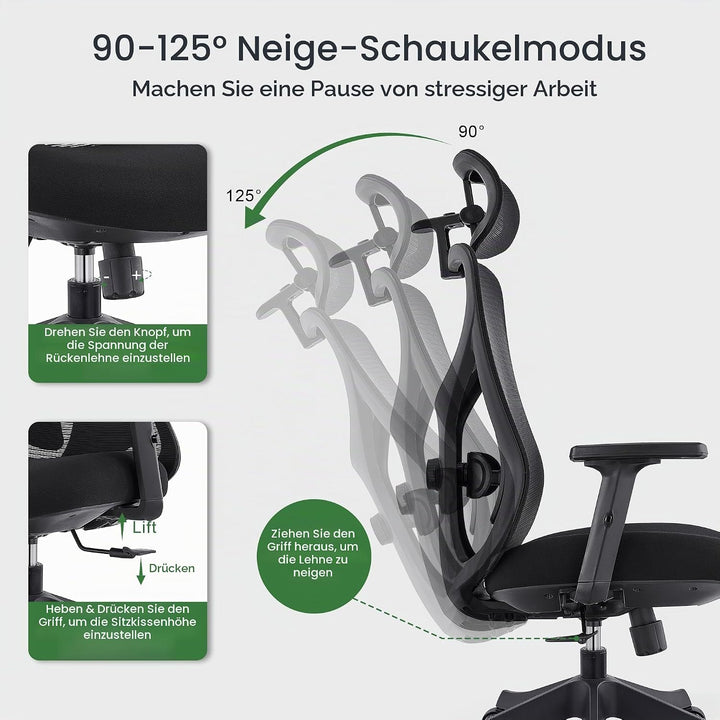CALIYO G-1635H Bürostuhl Ergonomisch, Schreibtischstuhl mit Verstellbarer Kopfstütze, Armlehnen, Len