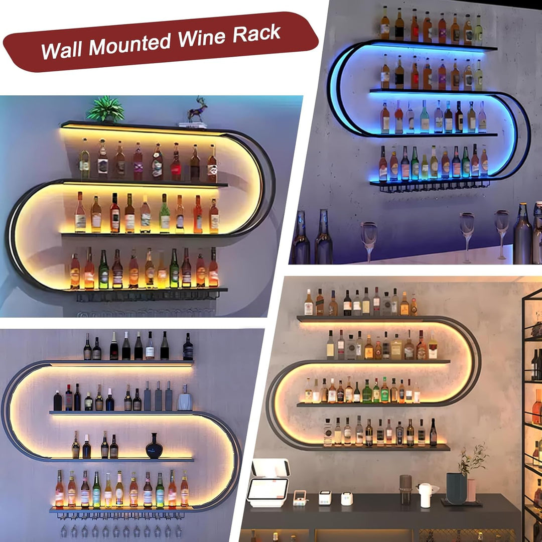 4 Lagig Weinregal zur Wandmontage mit Glashalter, Industrielles Metall Hängender Schwimmender Weinfl