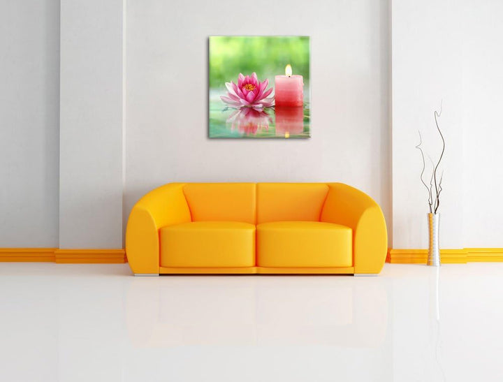 Kleine Seerose neben Kerze, Format: 70x70 auf Leinwand, XXL riesige Bilder fertig gerahmt mit Keilra