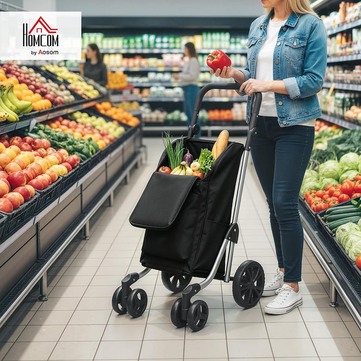 HOMCOM Einkaufstrolley Klappbar mit Kühlfach, 46L, Schwarz, Schwarz