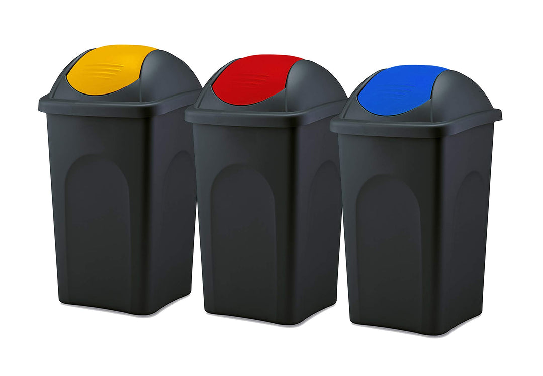 BigDean 3x Mülleimer gross 60L - schwarz - mit Schwingdeckel gelb, rot & blau - aus Kunststoff - Mül