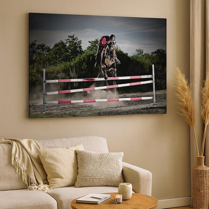 Bilder auf Leinwand 100x70cm Leinwandbild Pferd Sport Hindernisse Himmel Gross Wanddeko Bild Schlafz
