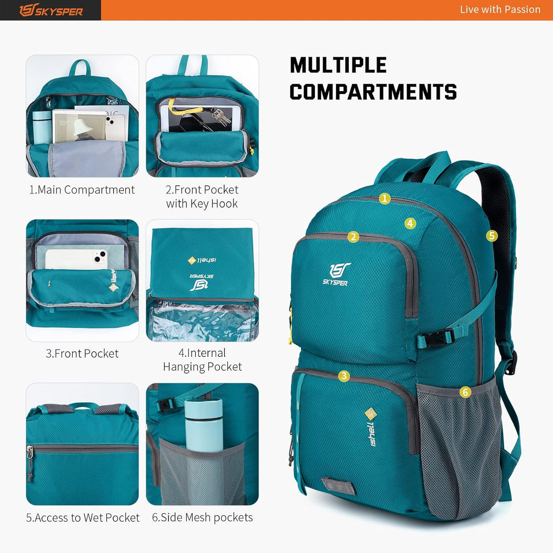 SKYSPER Ultraleichter Faltbarer Rucksack mit Nassfach - Wasserfest und Verstaubarer Daypack für Wand